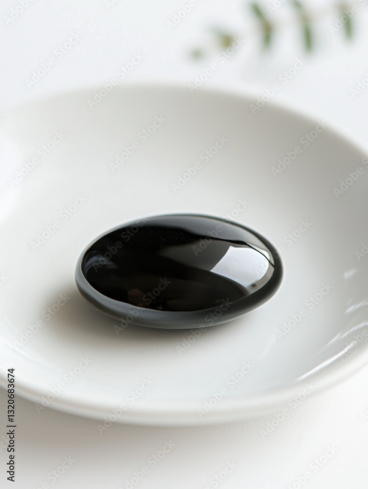 Poster close-up of a white plate with a black oval-shaped object on it. the object appears to be made of gl