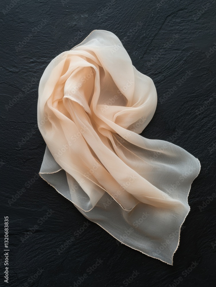 Poster close-up of a folded piece of fabric on a black surface. the fabric appears to be a light peach colo