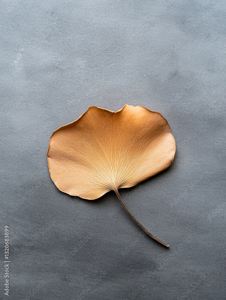 Poster photograph of a single ginkgo biloba leaf on a gray textured background. the leaf is elongated and h
