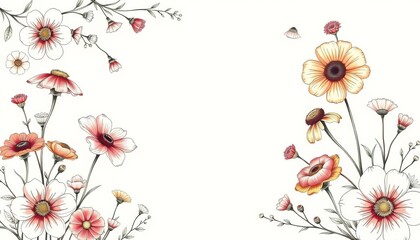 Sketchy vintage floral frame, summer garden blooms, hand-drawn botanical illustration, sketch, prints