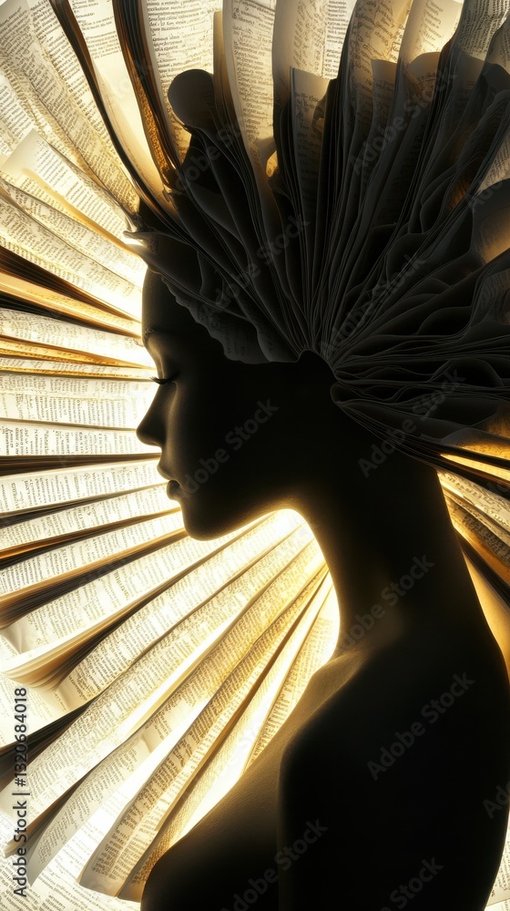 Poster woman radiating serenity with a crown of books and soft light in a tranquil setting
