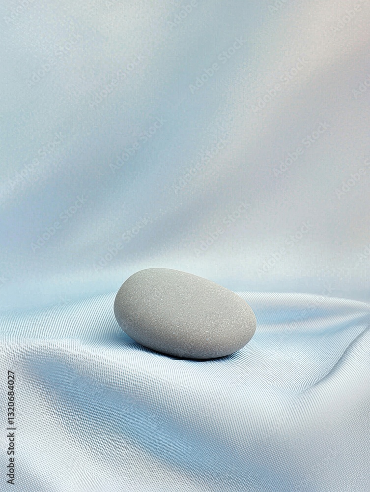 Poster close-up of a single stone on a light blue fabric. the stone is round and smooth, with a smooth surf