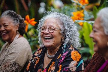 Senior coloured woman with dementia, Alzheimer's, laughing, happy, in a support group setting, joyful moment outdoors with friends.