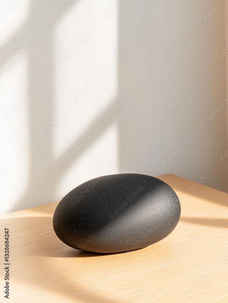 Poster black oval-shaped object on a wooden surface. the object appears to be made of a smooth, glossy mate