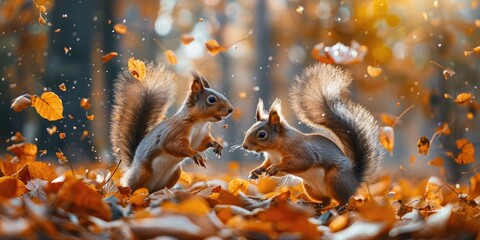 Fototapeta premium Two playful squirrels dance among the vibrant autumn leaves, capturing the essence of fall in a lively, picturesque forest scene.