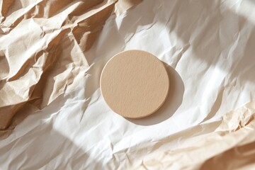 Blank round sticker mockup on eco-friendly paper, customizable package label design with adhesive strip. Perfect for branding, marketing, or product promotion in green initiatives