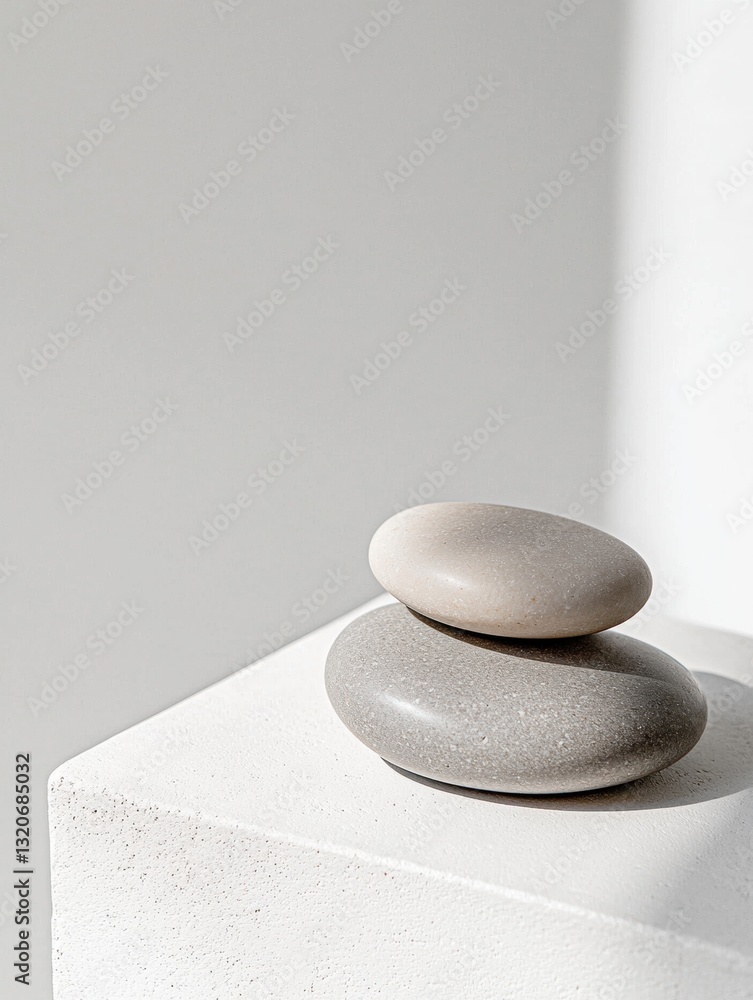 Poster two pebbles stacked on top of each other on a white surface. the stones are light grey in color and 