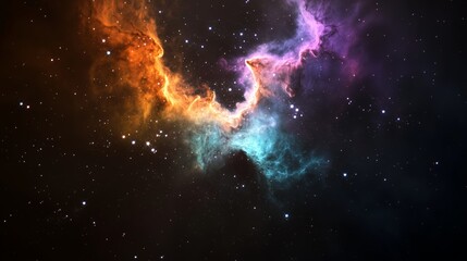 Fototapeta premium Nebula with vibrant cosmic clouds, colorful interstellar gas, and starry space background, featuring orange purple blue hues, detailed astronomical formation, and galactic dust patterns