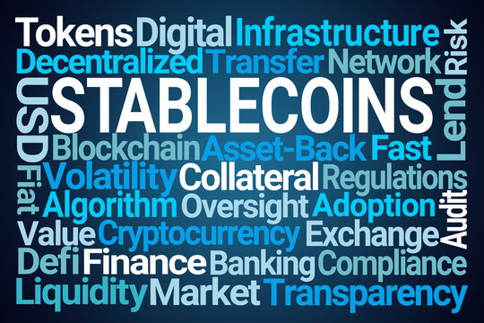Stablecoins Word Cloud on Blue Background