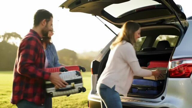 Family loading luggage into car trunk, summer vacation road trip departure, parents with children packing SUV, travel and family bonding moment