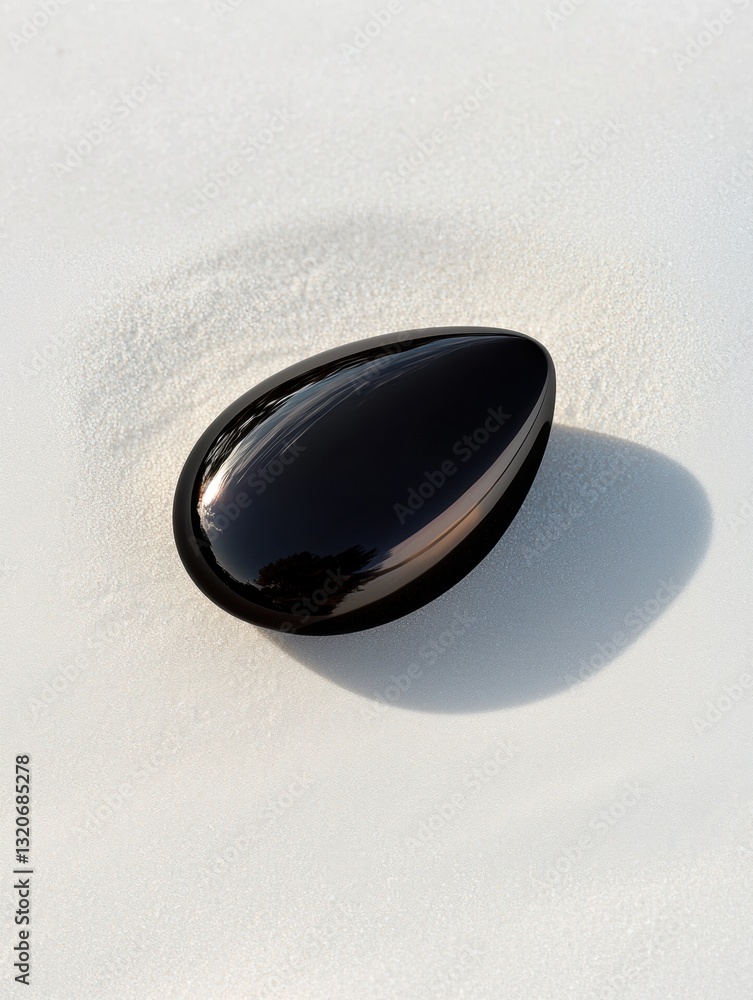 Poster close-up of a black oval-shaped object on a white surface. the object appears to be made of glass or