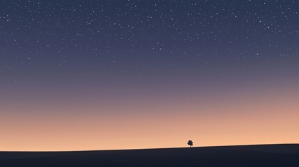 Desert horizon with lone tree silhouette, starry night sky, and orange twilight gradient. Vast landscape with clear view, and serene arid terrain in wilderness theme
