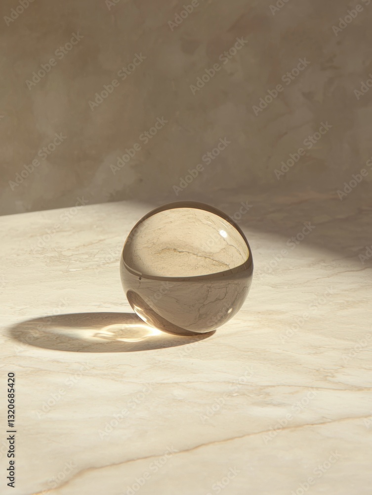 Poster spherical object on a beige-colored surface. the object appears to be made of glass or a similar mat