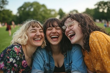 Fototapeta premium Group of three young women laughing and embracing each other in an outdoor park setting with natural sunlight and greenery