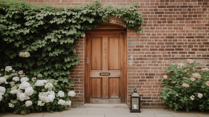 Wooden door with ivy-covered brick wall