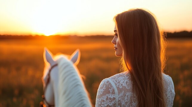 Sunset horseback ride with a young woman and her white horse in a serene golden field - Powered by Adobe