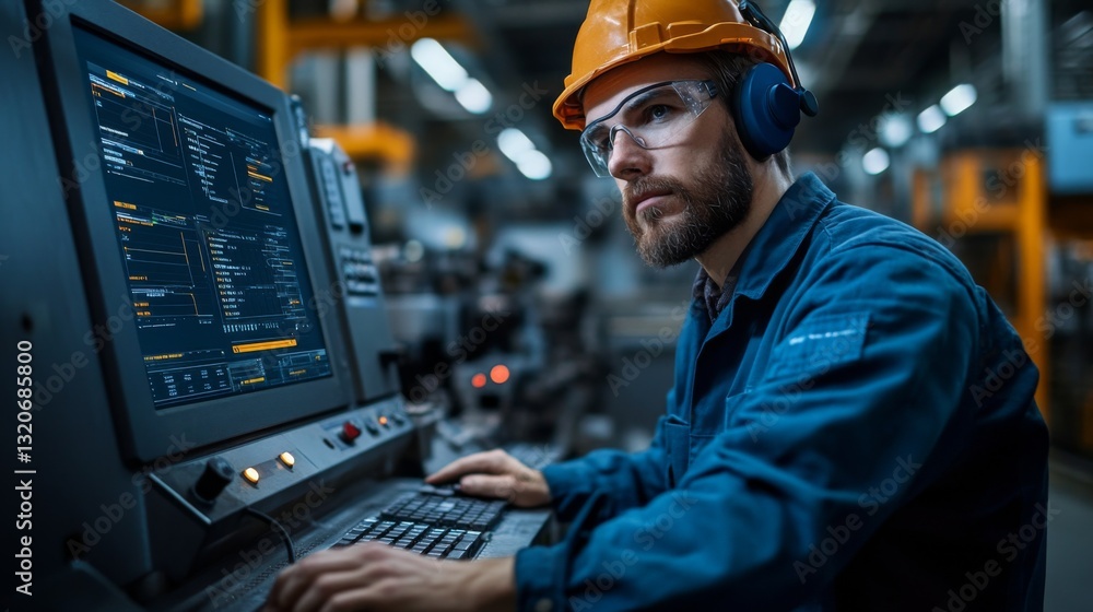 Poster engineer wearing safety gear focuses intently on the computer screen, managing automation processes 