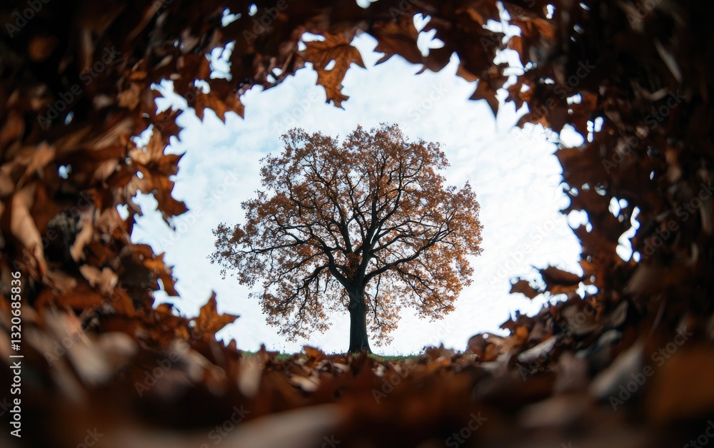 Poster low angle view through autumn leaves, showcasing a single deciduous tree against a bright sky. the i