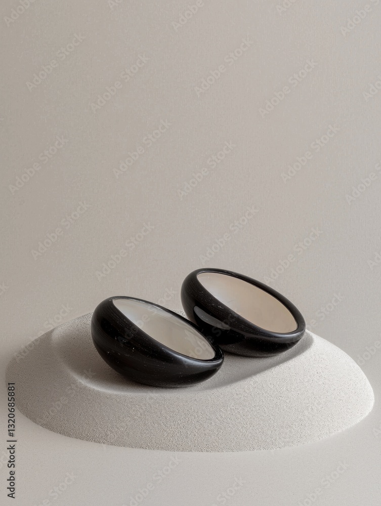 Poster two black oval-shaped objects placed on a white surface. the objects appear to be made of ceramic or