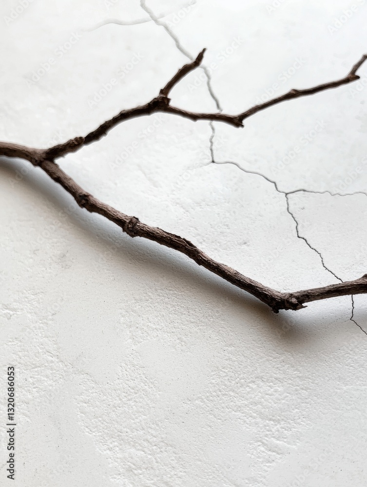 Poster close-up of a single branch lying on a white surface. the branch appears to be bare, with no leaves 