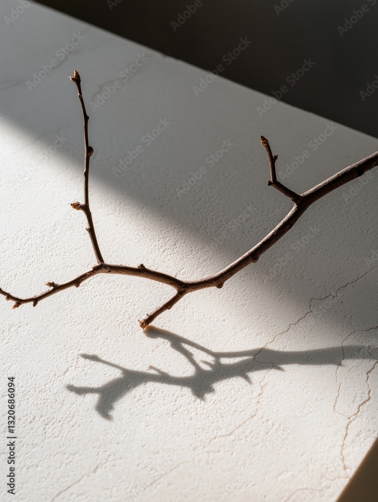 Poster close-up of a single branch on a white surface. the branch is bare and has no leaves or twigs. the b