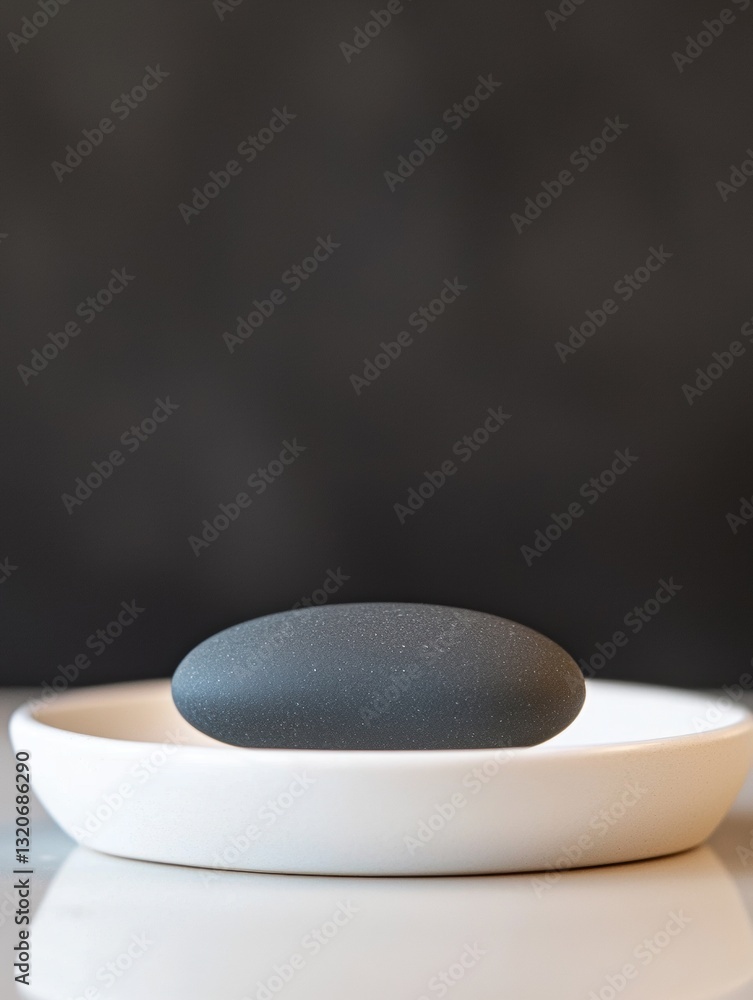 Poster single black stone resting on a white plate. the stone appears to be smooth and shiny, with a smooth