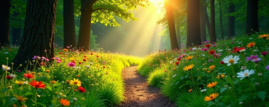 Sunlit path in lush green forest with vibrant wildflowers, wildflowers, woods, nature