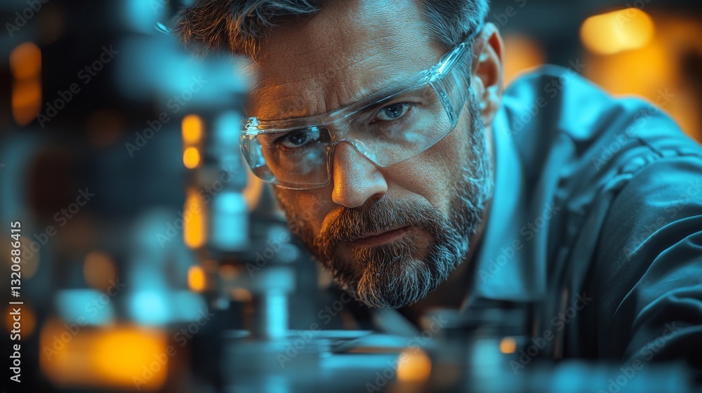 Poster an engineer meticulously inspects machinery components in a manufacturing facility, showcasing dedic