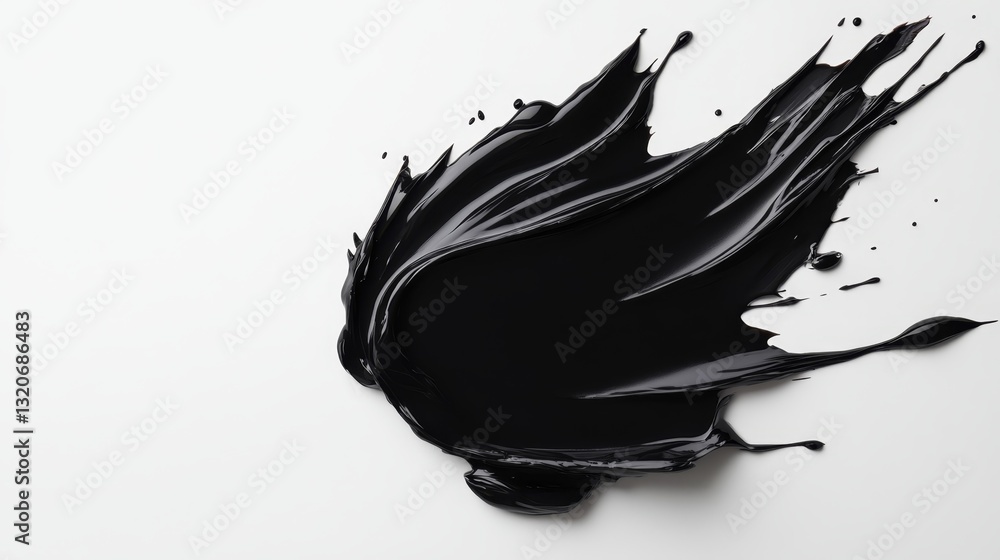 Poster black paint splatter on a white surface creating an abstract art effect showcasing motion and textur