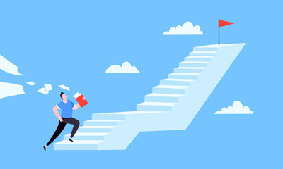 Obraz premium Success career ladder steps path challenge with business goal achievement flag objective on the top of it business concept flat vector illustration. Office person running onto success career steps.
