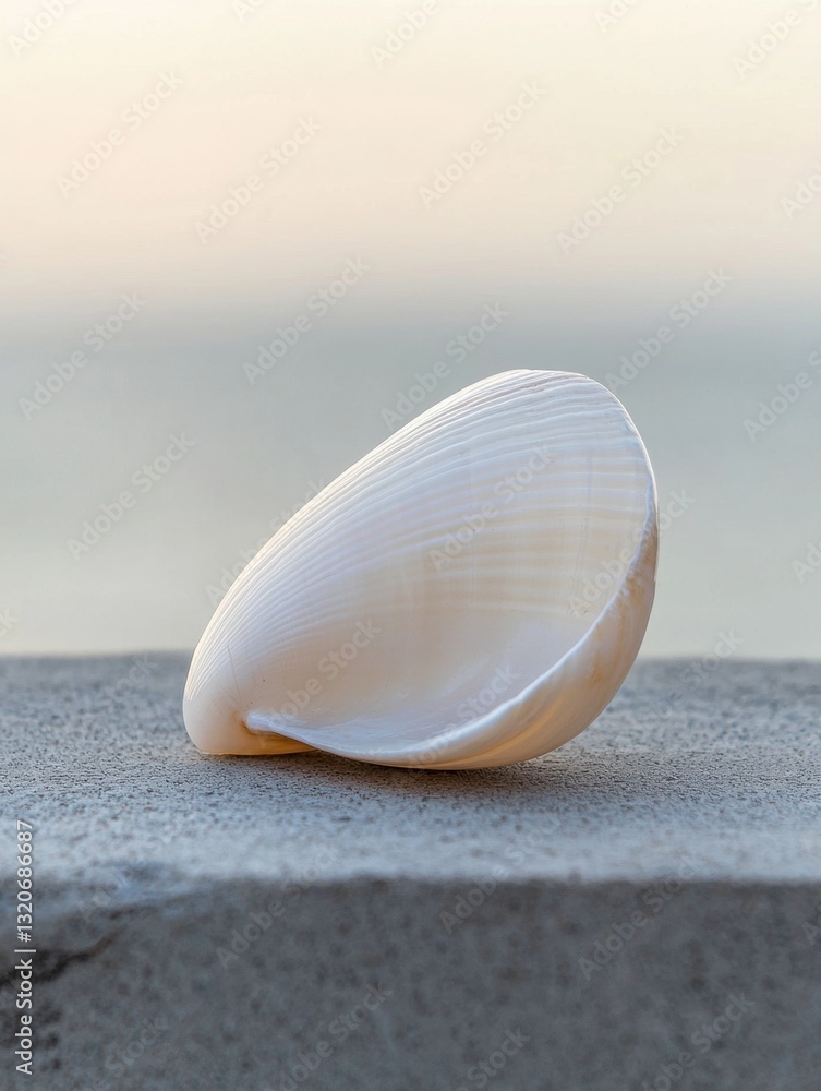 Poster close-up of a white seashell resting on a gray concrete surface. the seashell is in the center of th