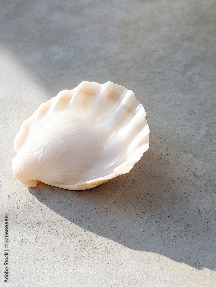 Poster close-up of a white seashell lying on a concrete surface. the shell is in the shape of a scallop and