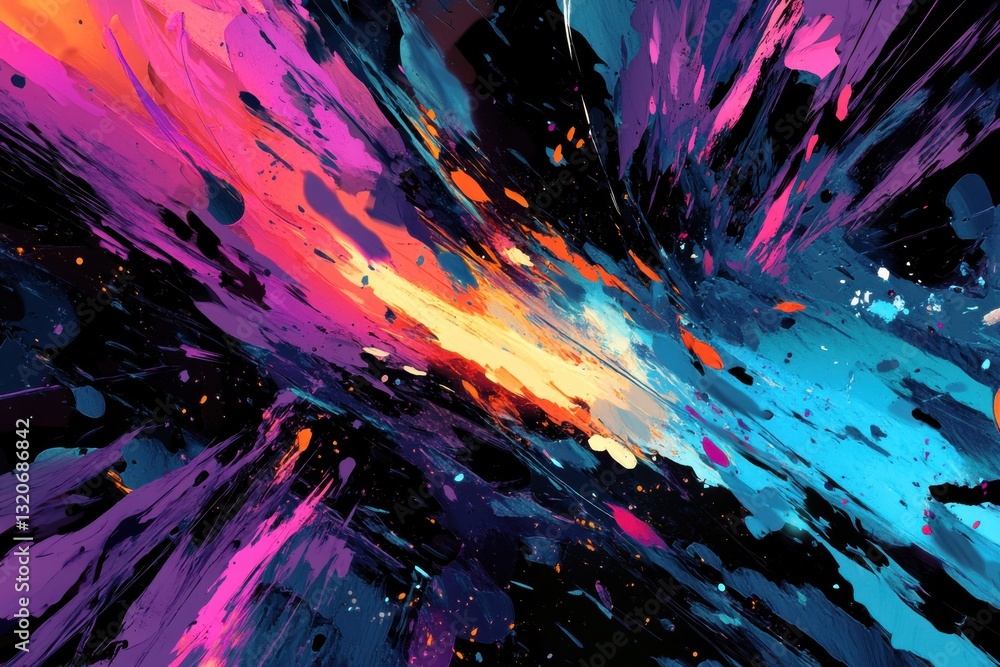 Poster vibrant dynamic abstract anime scene bursting with color and movement for eye-catching digital proje
