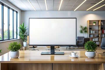 Fototapeta premium 3D TV mockup with a blank white screen in a modern office setting. Ideal for branding, UI design, and advertisement