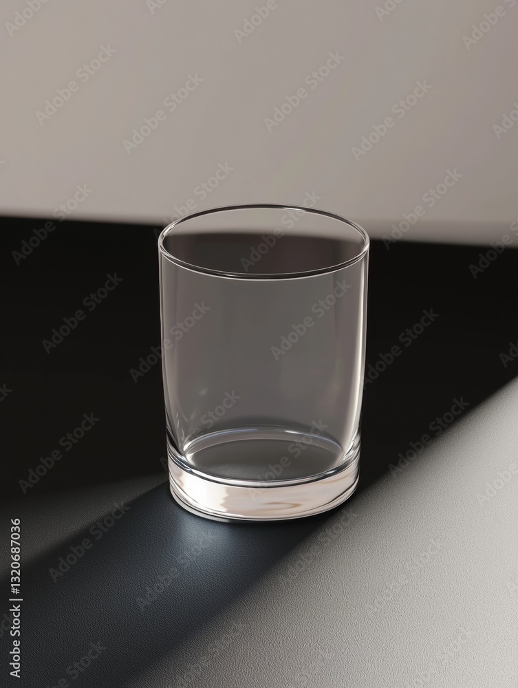Poster 3d rendering of a glass tumbler on a black surface. the glass is empty and is placed in the center o