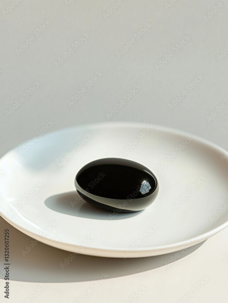 Aufkleber close-up of a white plate with a black oval-shaped object on it. the plate appears to be empty and i