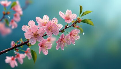 Obraz premium close up cherry, sakura blossoms on branch with dewdrops in high fidelity with copy space