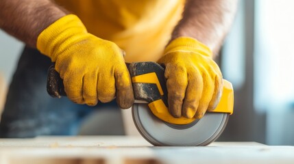 Skilled craftsman using circular saw for woodwork in bright workshop setting during day