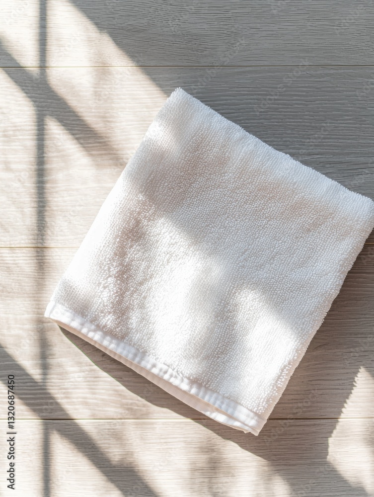 Poster white towel folded neatly on a wooden surface. the towel appears to be made of a soft, textured fabr