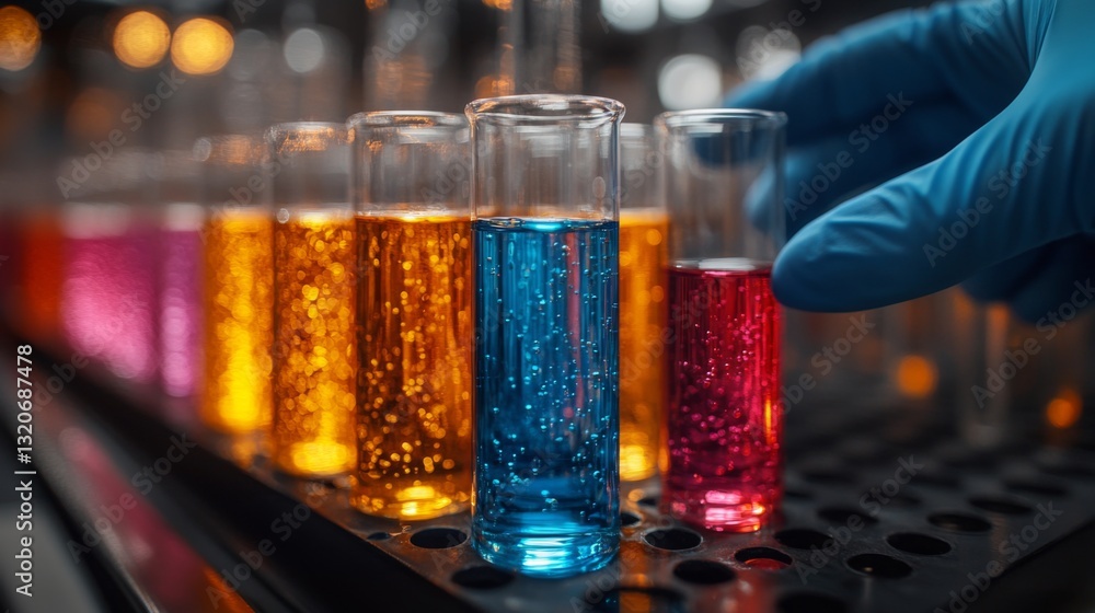 Poster brightly colored chemical solutions are being prepared for experimentation in a laboratory.