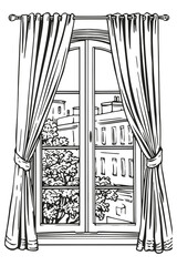 Coloring Page Line Art Vector Illustration of a Closed Window with City View