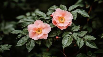 Obraz premium Soft Pink Roses with Green Leaves in Natural Outdoor Setting Under Soft Light