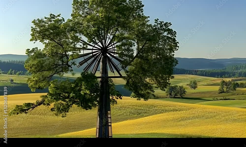Poster rural landscape with a unique tree structure