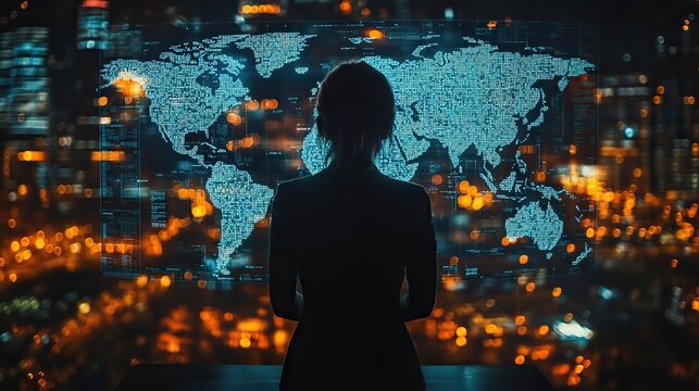 In dark room, a businesswoman looking at world map on digital display chooses global business direction, facing job insecurity fear.