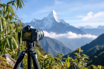 A professional camera resting on a tripod, capturing breathtaking mountain scenery in the background. Photo Expedition, Lens on Location