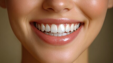 Fototapeta premium In gray studio, close-up beauty portrait of smiling woman with perfect skin and white teeth.