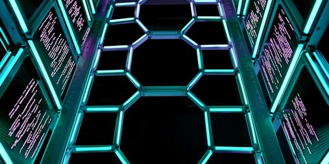 Futuristic tunnel with neon geometric patterns reflecting on dark surfaces, glowing cyan and purple digital elements forming abstract corridor with symmetrical illuminated framework