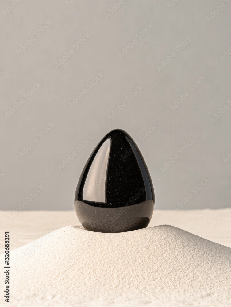 Poster small black object, which appears to be a teardrop-shaped object, sitting on top of a white sand dun
