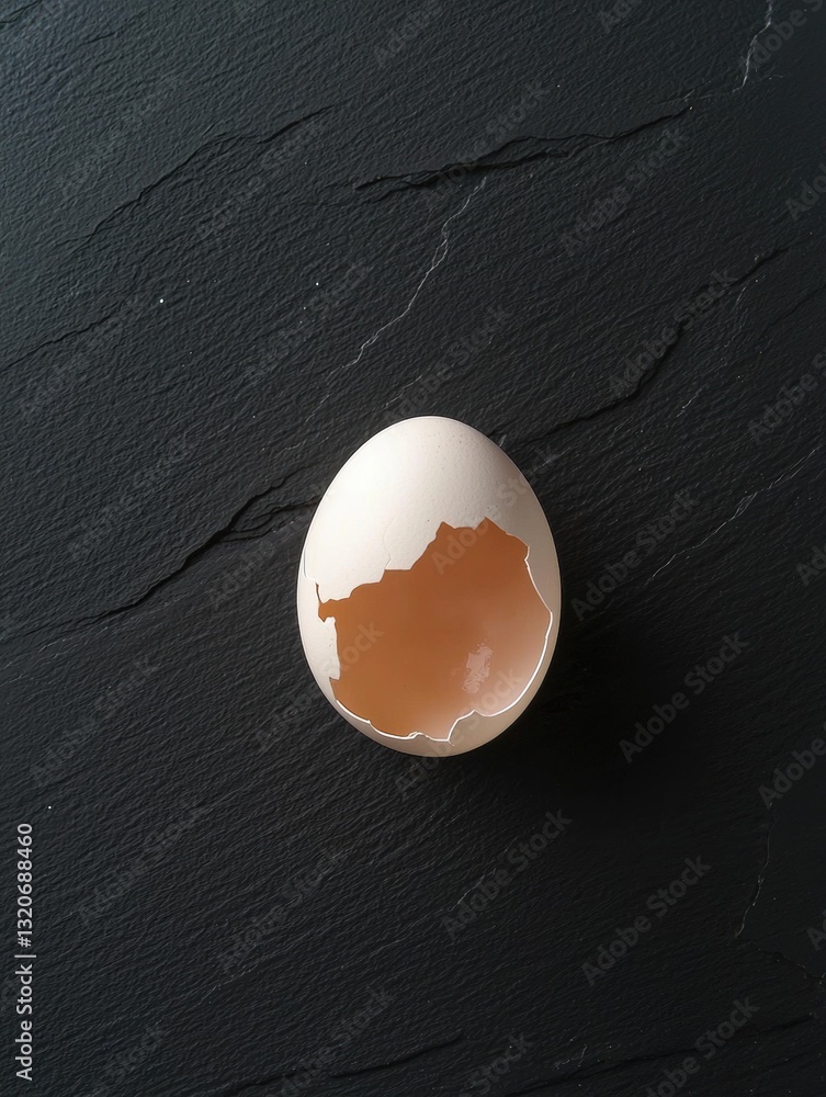 Poster close-up of an eggshell on a black surface. the eggshell is white and appears to be cracked open, wi