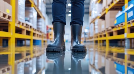 Person in boots standing in flooded warehouse, reflecting in the water on the floor.